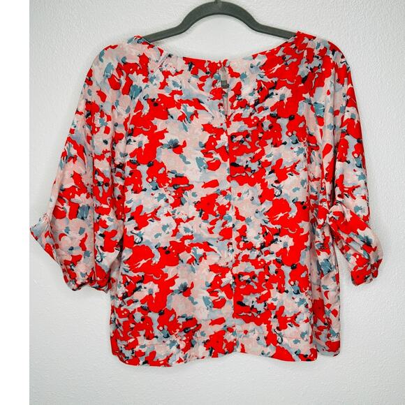 Cute Red Pink Blue Floral 3/4 Cuffed Sleeves Wide Round Neck Blouse Top L - Picture 4 of 10